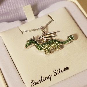 Silver Swarovski Green Crystal Dragon Necklace